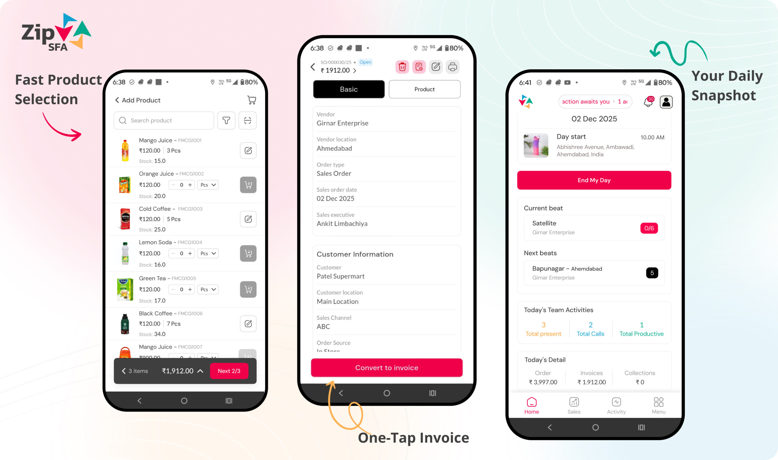 ZipSFA mobile order entry screens